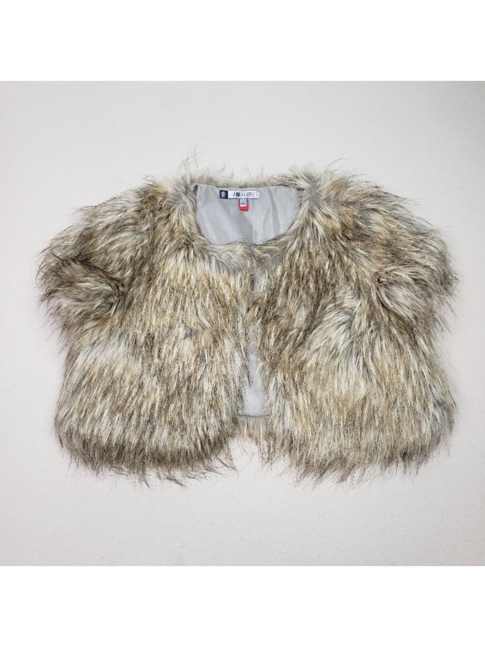 Jennifer Lopez Womens Faux Fur Cropped Coat 1/4 Sleeve Beige/Brown Y2K Sz L NWOT
